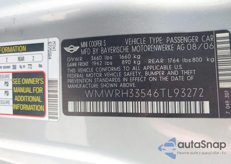 2006 Mini Cooper S z USA, uszkodzony, nr VIN WMWRH33546TL93272